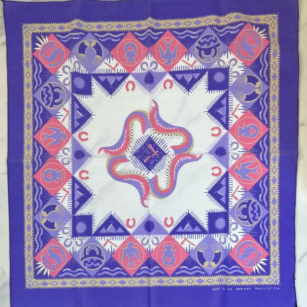Vintage Bandana Handkerchief Pink & Purple Southwestern Print Made in USA